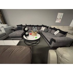 salon panoramique, canapé Latte, canapé-lit, convertible, avec coffre, 7 places, méridienne réversible, tissu gris, tissu noir