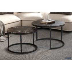 Table basse “Boston” marbre noir – plateau verre & cadre effet sable, 80×80 × 45 cm