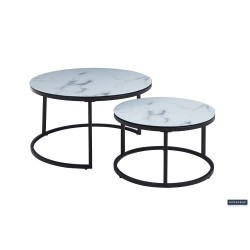 Table basse Boston Marbre Blanc – Cadre sable & plateau verre effet marbré 80×80×45 cm