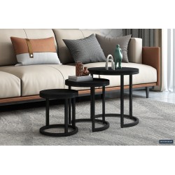Set de 3 tables d’appoint Plano — Manguier noir sur structure métal, Ø 30/37/45 cm